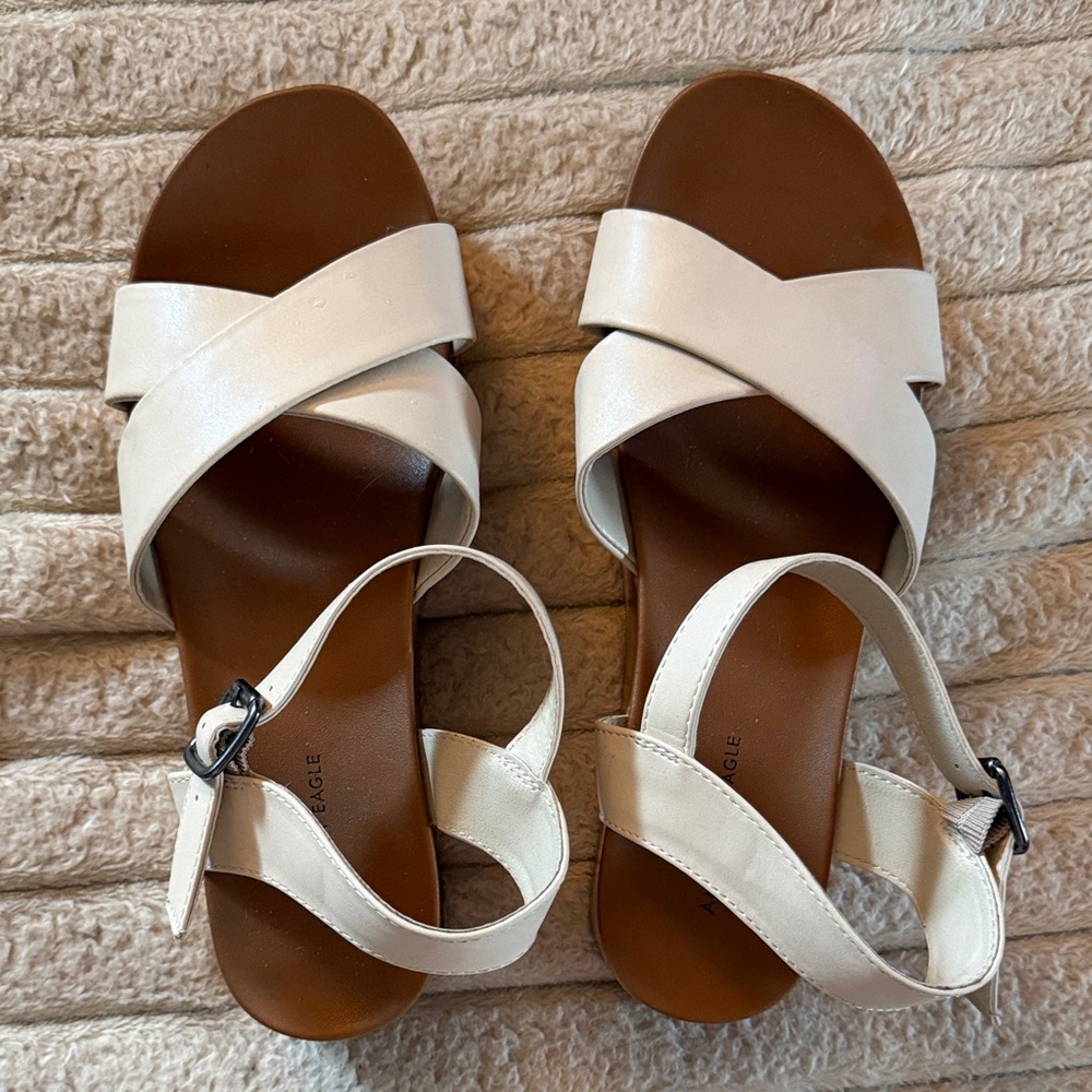 AE Cream Crossover Platform Wedge Sandals